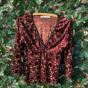 Vintage Floral Crush Velvet Rose Blouse - Burgundy 3/4 sleeve Small